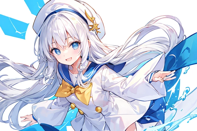 Smiling and open mouth、Pure white background、White hat with gold decoration、Long white hair、Sailor'White uniform
