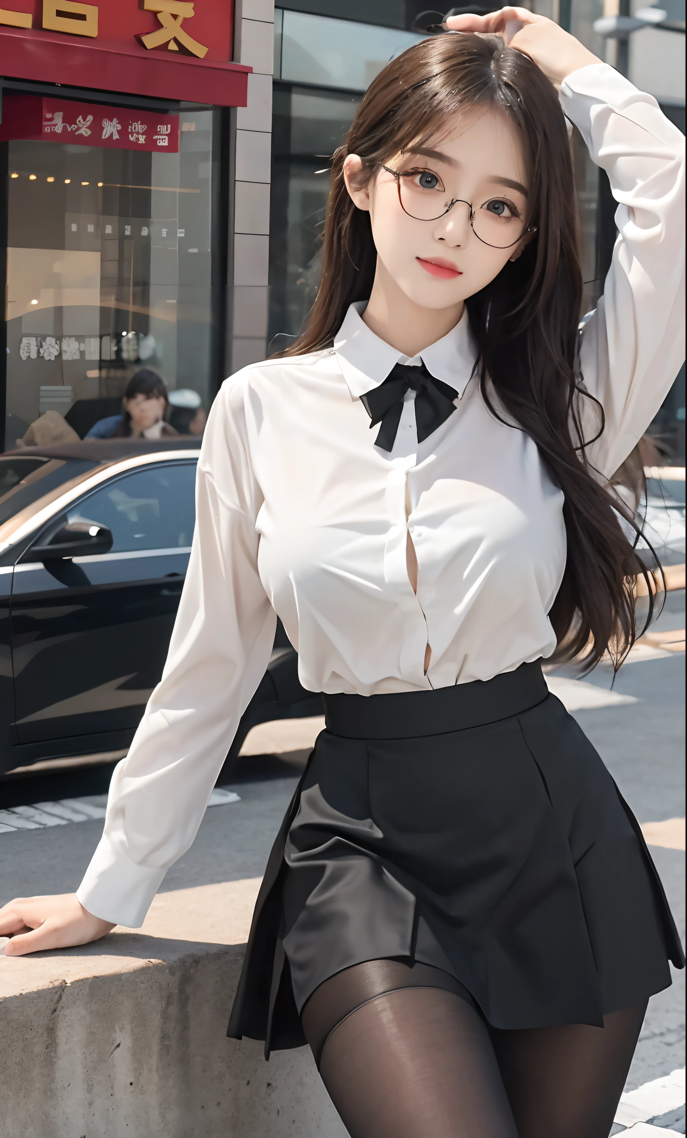 ulzzang-6500-v1.1, (RAW photos:1.2), (Reality:1.4), Beautiful and delicate girl, Very detailed eyes and face, Beautiful and delicate eyes, ridiculous, incredibly ridiculous, Huge file size, Very detailed, high resolution, Very detailed, best quality, masterpiece, ((Fashionable clothes in various colors)), illustration, Very detailed, CG, Unite, 8k wallpaper, Astonishing, Fine details, masterpiece ,best quality, Very detailed CG uniform 8k wallpaper, There is light on the face, Movie Lighting, 1 Girl, , Long white hair, Side splits, (Large Breasts), ()sses), ((Dynamic poses))), ((Sexy pose))), (Cameoe), (half), (P), ((Black hip skirt)