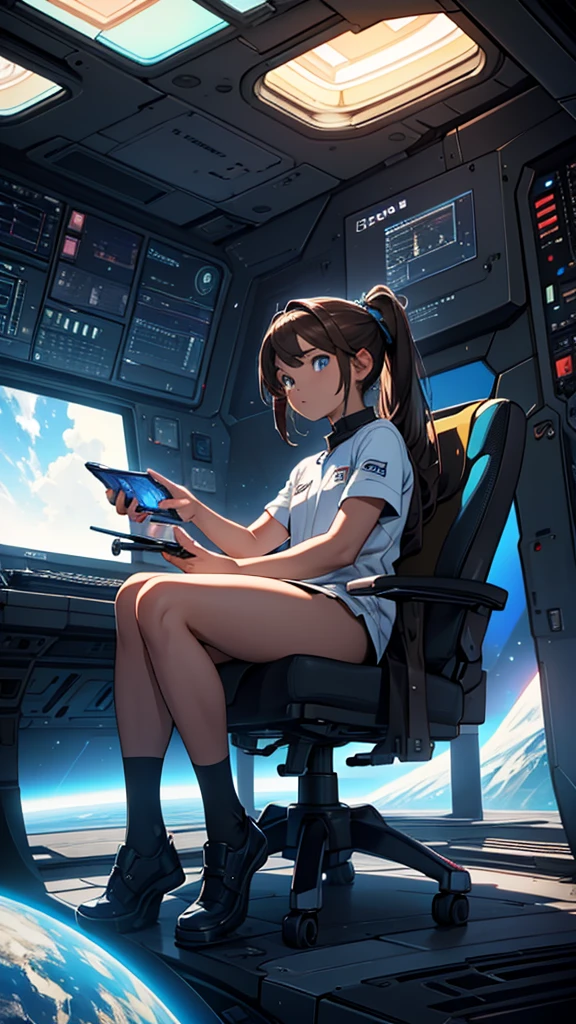 Girl and boy brown hair, sitting juntos, Inside a spaceship, in front of the Control Panel. In the background a view of space with large meteorites, large rocks crossing near the ship, Maximum quality、animated landscape、Xin Haichen、building、camp，（zoom out：1.1）ALLOWED、de la Maximum quality、masterpiece、cloud、showy、cielo lleno de rocas masterpiece, Best Quality, awesome face, symmetrical light eyes, detailed eyes and face, detailed body, shiny skin, detailed skin, sitting, s sitting, angle from side, rear angle