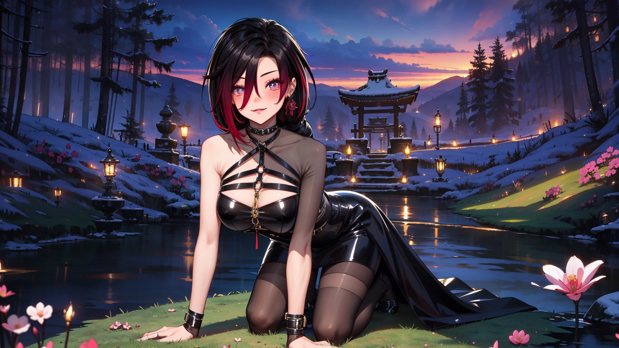 solo , solo girl, 1 girl, perfect anatomy, maximum sharpness, high definition, UHD, beautiful, marika, queen marika, black dress, low neckline, long braid, hair braid, cyclamen hair, cyclamen eyes, detailed eyes, beautiful eyes, chest, one piece dress, sexy, sensual, no natural light, night, night, dark night, seductive, smiling, moss, glowing flowers, kneeling in the grass, magnolia tree, red magnolia tree, ruins,
equinox,Magnólia, swallow,Traditional Chinese architecture,A woman in Hanfu standing next to a flower,Characters and Landscapes