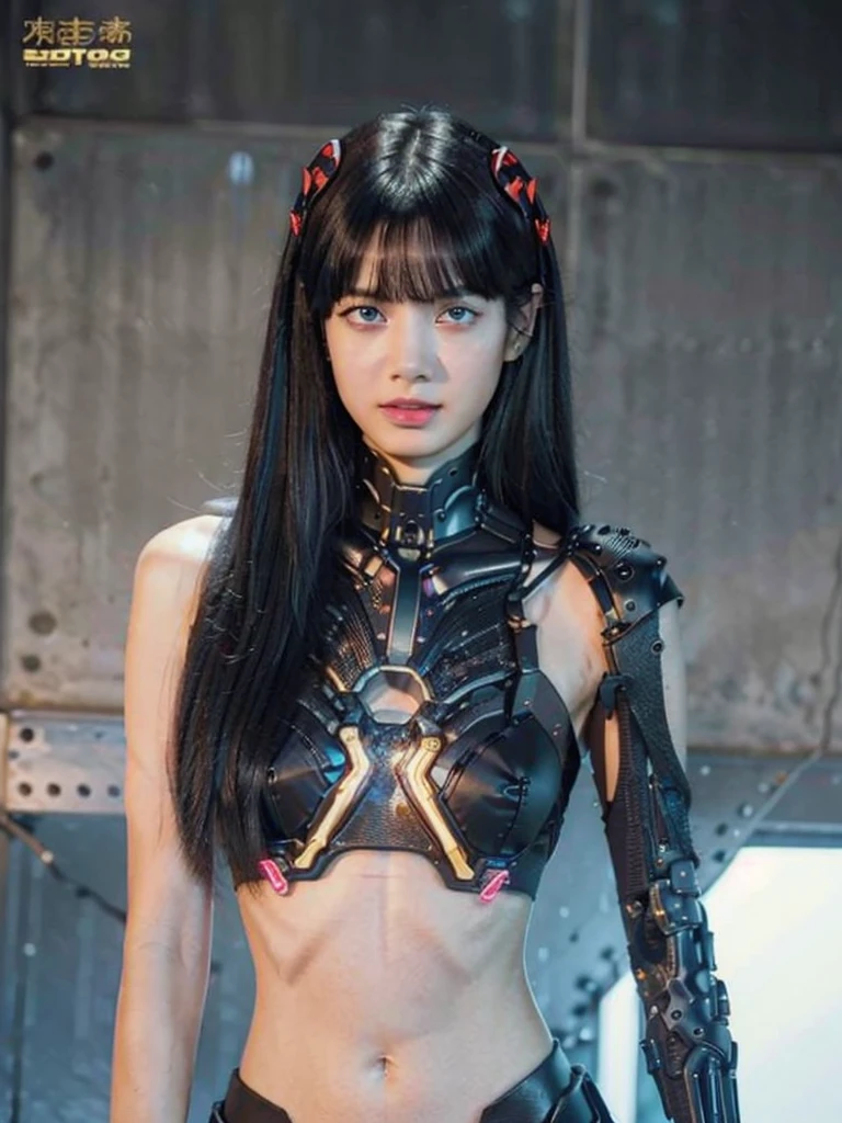 (Fight against mechanical robot soldiers)、top-quality、masterpiece、超A high resolution、(sexypose),(Wearing a futuristic sun visor)、(Photorealsitic:1.4)、Raw photo、女の子1人、Black hair、glowy skin、((1 Mechanical Girl))、((super realistic details))、portlate、(Small LED lamp)、Wire tubes that glow all over the body、globalillumination、Shadow、octan render、8K、Armpit、ultrasharp、Colossal tits、Small LED lamp、Raw skin is exposed in cleavage、metals、blood vessels connected to tubes、With weapons、Red bodysuit、Armpit、Cyberpunk city background、Details of complex ornaments、Japan details、highly intricate detail、Realistic light、CGSoation Trends、Blue eyes、radiant eyes、Facing the camera、neon details、(Helmet of the Brave)、Mechanical limbs、blood vessels connected to tubeechanical vertebrae attached to the back、mechanical cervical attaching to neck、Wires and cables connecting to the head、Gundam、Small LED lamp、Toostock、Toostock、