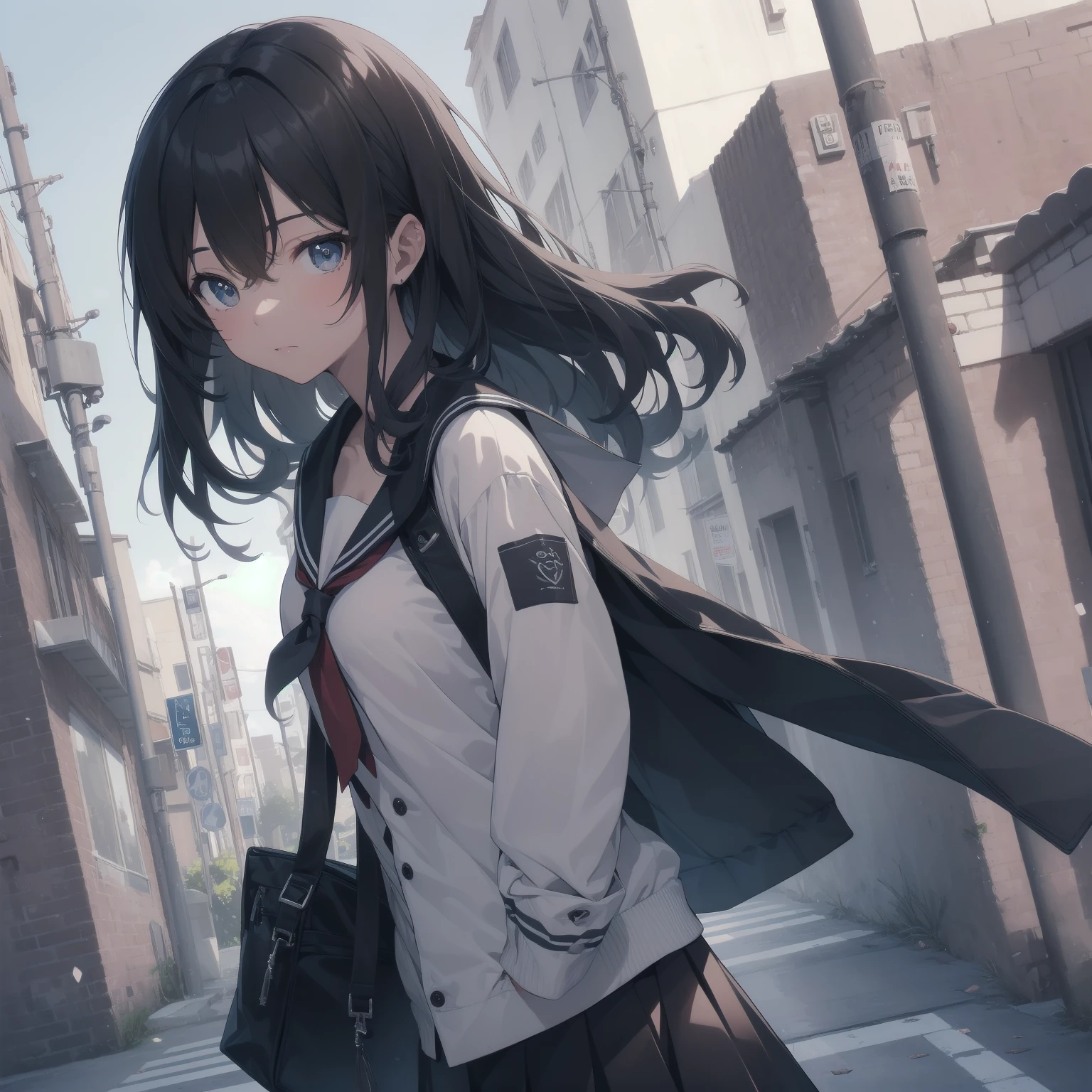 ultra-absurdres-Top quality by artist God, ultra-detailed, high resolution, anime moe artstyle, best anime 8k konachan wallpaper, pixiv contest winner, pool:2810, perfect anatomy,break, 1girl, (Please draw a girl walking sleepily to school alone. )break,(Solo,little female, 13-year-old:1.3),Full limbs, complete fingers,a junior high school student, (very short hair), short cut, flat chest, , small butt, small black eyes, beautiful detailed eyes, well-proportioned iris and pupils, expressive eyes, highres detailed hair, soft expression, salor school_uniform, sailor collar, serahuku, bow, pleated skirt,(Detailed Lighting), (Detailed background), in the School commute route. break,super detailed skin, Best cinematic lighting powered by famous artist, 8k,beauty illustration,photoshop_(medium),very aesthetic,break,((artist:fumihiko (fu mihi ko) )), artist:clamp ,artist:carnelian ,artist:kantoku ,