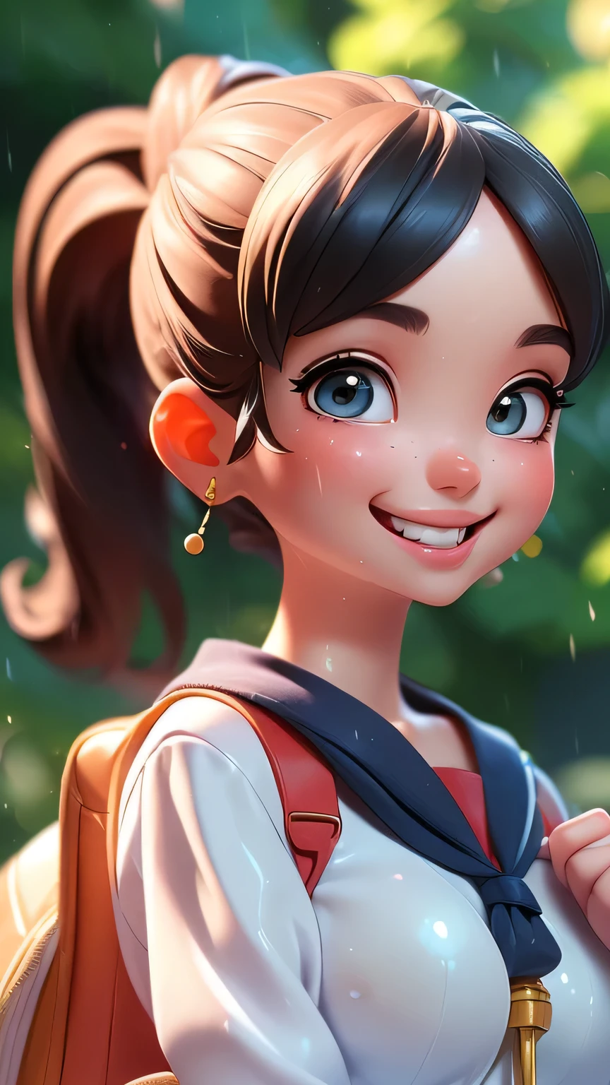 ((Face close-up))),One girl, high school girl、(((リボン付きSailor suit))), Summer clothes、Wet and transparent、((Navy pleated ocks、loafers、ponytail、school bag)、My belly is visible through my clothes、cute, wonderful, Beautiful attention to detail, Iris, Black Hair, In detail, Depth of written boundary, Highly detailed CG, original, Highly detailed wallpaper, View your viewers, Detailed face, Cleavage, (Big Tits, Hard nipples)、Toned Abs, White skin, Realistic、(Cinema Lighting)、Detail emphasis, Beautiful lighting、(((Sailor suit))), Summer clothes、Wet and transparent, ((In the park after the rain))、Summer sunset、Realistic park、masterpiece, 最high quality, high quality, High resolution、 ((smile)), smileで、((Face close-up))), Face close-up