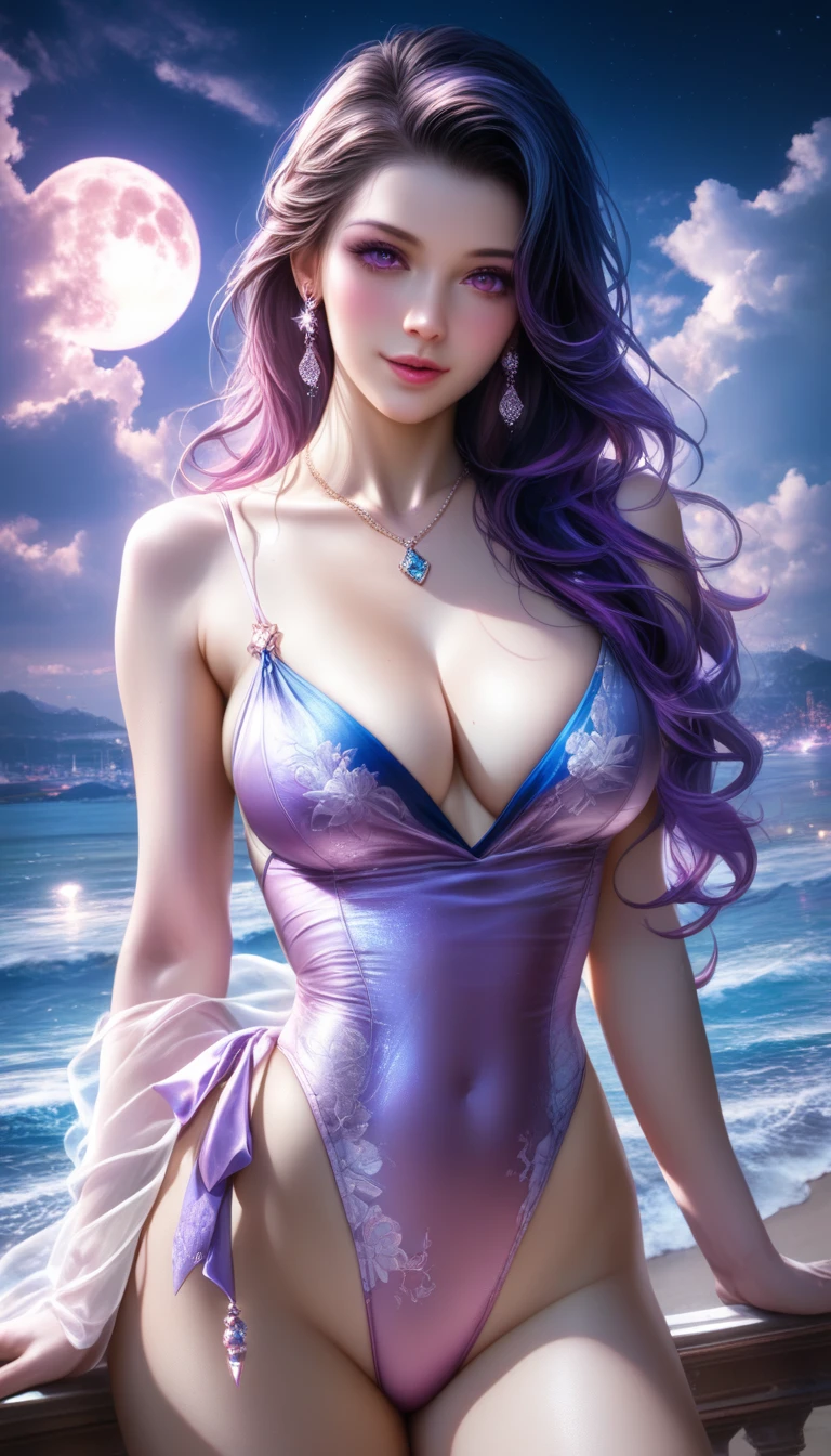 score_9, score_8_superior, score_7_superior, A masterpiece in 32K resolution,Highest quality,it is really amazing,Very detailed,Ultra-high resolution,(Ultra-realistic:1.5),(Realistic:1.5),Increased depth of field,Cinematic lighting,
Elegant Japanese MILF,
Long black hair,Ultra-detailed and beautiful face,(Gentle expression:1.1),Translucent white skin,Realistic skin texture,
(Sexy Swimwear:1.1),
Bold design,Artistic design,Beautiful and detailed pattern,Detailed fabric texture,
Gorgeous necklace,Earrings,
Coastline at night,(Giant Moon:1.1),(Dark clouds floating in the dark night sky:1.1),
(Dramatic Angle:1.2),