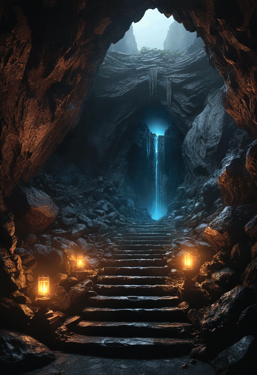 (masterpiece:1.2), (Highest quality,:1.2), 8k, High resolution, Super detailed, ((Realistic)), Professional Light, Cinema Lighting,Ambient Lighting,All details, Fantasy, Stygian Mountains々Mysterious entrance to a dark and eerie cave in, Spectacular photos