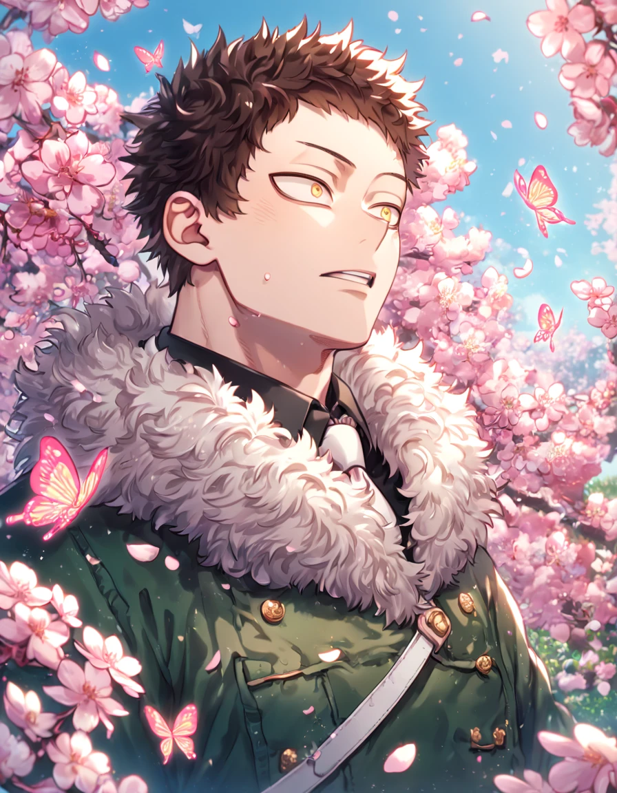 absurdres, highres, ultra detailed, HDR, master piece, best quality, extremely detailed face, delicated features, Overhaul, dark brown hair, short hair, short bangs, expressive yellow eyes, Boku No Hero Academia, solo, sexy man, handsome, manly man, dark green coat with fur collar, black shirt, white necktie, white gloves, white belt, fantasy, magical, pink butterflies, spring, pink leaves, pink flowers, blue sky, garden, cherry blossoms