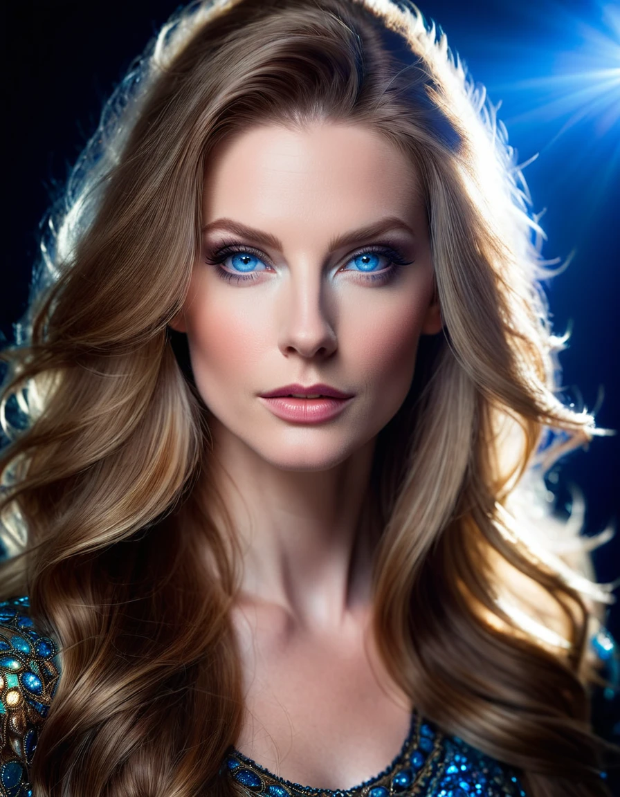 HIBRID FACE FROM DANIELLE CHUCHRAN AND ANITA ECKBERG, CLOSE-UP FACESHOT, HUGE LONG HAIR, HIGH CHEEKBONES, ROSY SKIN, VERY PALE SKIN, EXPRESSIVE BLUE EYES, DARK BACKGROUND, DIFFUSED LIGHTS ON FACE, PERFECT FRONTAL VIEW OF FACE,MIDLE ANGLE FACESHOT, BACKLIGHTS, MASTER PIECE, ACCURATE IMAGE.