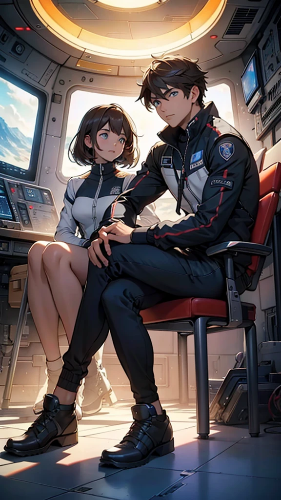 1girl and 1boy brown hair (2 people), sitting juntos, Inside a spaceship, in front of the Control Panel. In the background a view with large meteorites, Maximum quality、animated landscape、Xin Haichen、building、camp,(zoom out:1.1)ALLOWED、de la Maximum quality、masterpiece、cloud、showy, cielo lleno de rocas masterpiece, Best Quality, awesome face, symmetrical light eyes, detailed eyes and face, detailed body, shiny skin, detailed skin, sitting, sitting, rear angle
