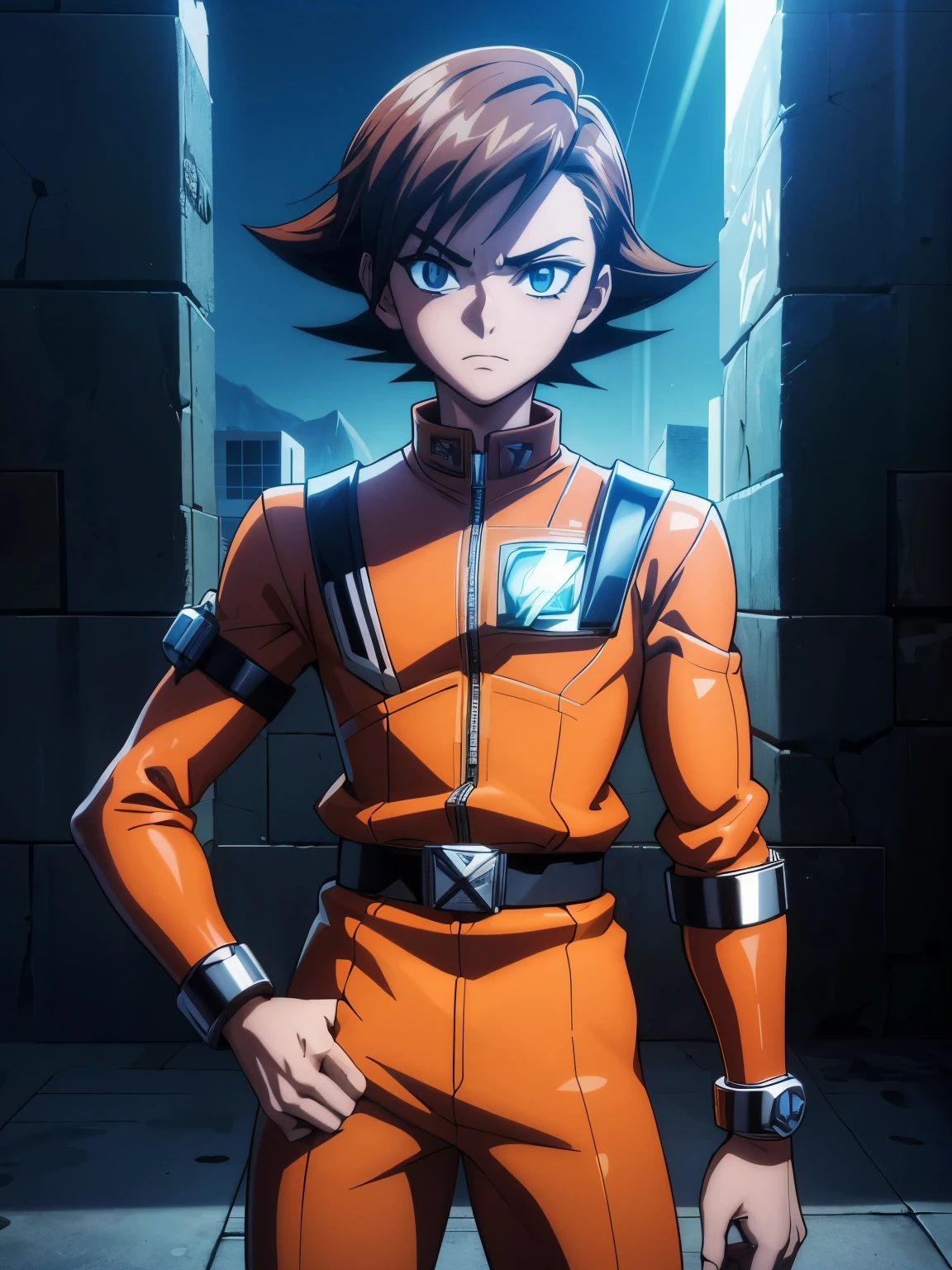 Gender: male
Eye color: orange
Physical appearance: handsome,13 years old teenage boy,has a tube oxygen, 
Description: rebellious, artistic,power ranger style, and cynical.