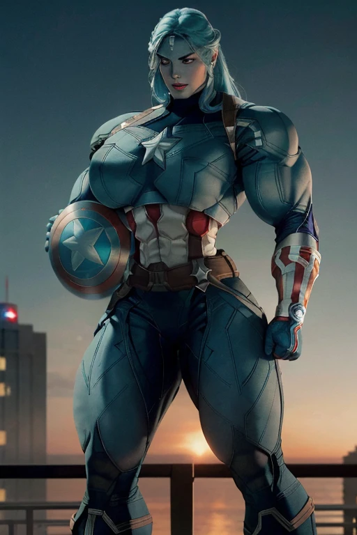 (((Close-up))), tall, (cyan blue hair) beautiful muscular woman, long beachy hair, pale white skinned, (closed smile), large breast, (black lipstick), (massive muscles), (hyper muscle), ((ginormous bulky muscles)), purple eyes, (((cyan captain America suit))), (Captain America pants), choker, boots, on the rooftop at night, 