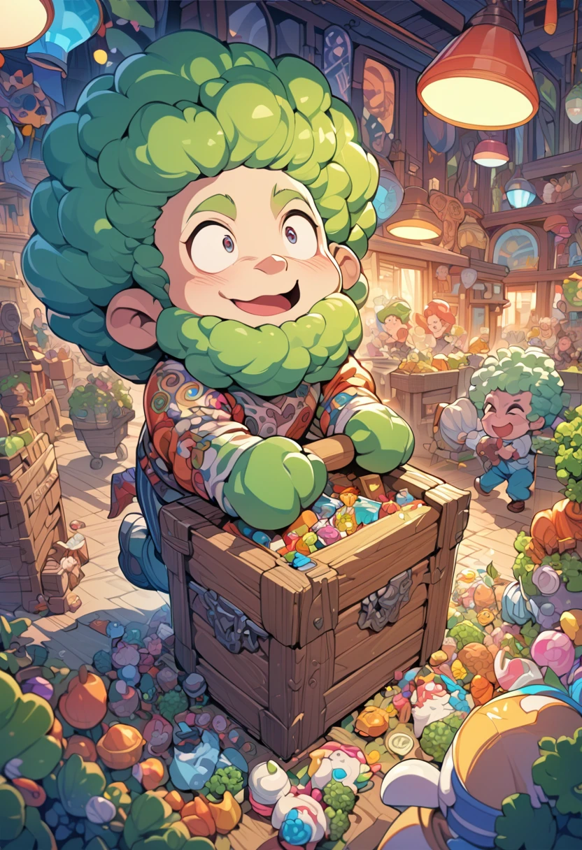 digital illustration, cartoon character, man with large green afro, holding a treasure chest, exaggerated facial features, humorous expression, detailed, colorful, vibrant colors, highly detailed, fun, whimsical, animated style, (masterpiece: 2), best quality, ultra highres, original, extremely detailed, perfect lighting