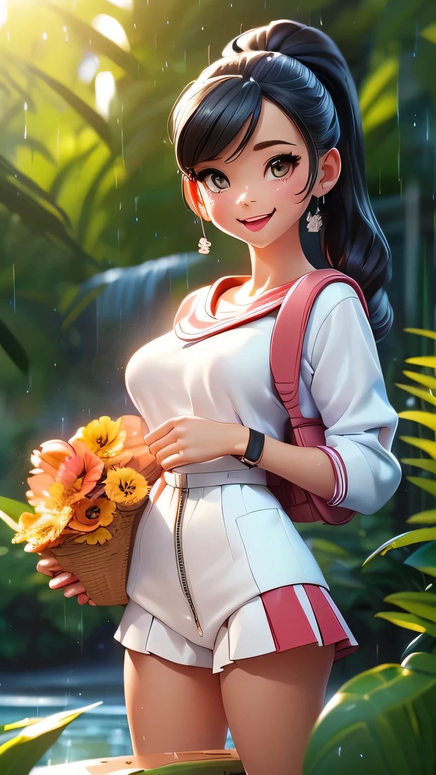 ((Face close-up))),One girl, high school girl、(((リボン付きSailor suit))), Summer clothes、Wet and transparent、((Navy pleated ocks、loafers、ponytail、school bag)、My belly is visible through my clothes、cute, wonderful, Beautiful attention to detail, Iris, Black Hair, In detail, Depth of written boundary, Highly detailed CG, original, Highly detailed wallpaper, View your viewers, Detailed face, Cleavage, (Big Tits, Hard nipples)、Toned Abs, White skin, Realistic、(Cinema Lighting)、Detail emphasis, Beautiful lighting、(((Sailor suit))), Summer clothes、Wet and transparent, ((In the park after the rain))、Summer sunset、Realistic park、masterpiece, 最high quality, high quality, High resolution、 ((smile)), smileで、((Face close-up))), Face close-up