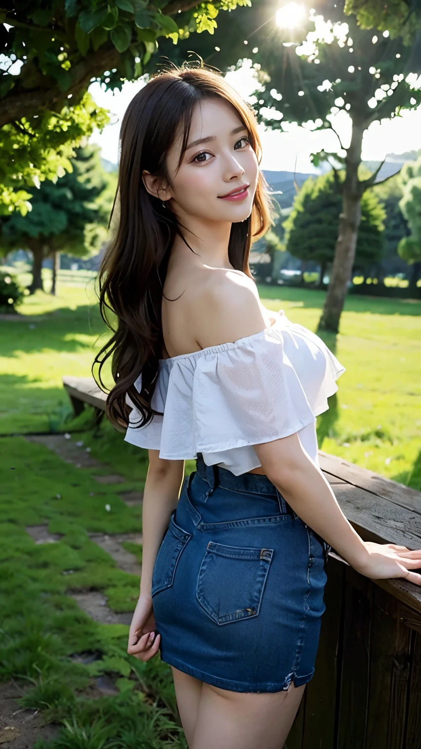 masterpiece, best quality, Full-HD, background photo, photorealistic, portrait, cowboy shot, front view, dutch angle shot, countryside, (back pose :1.3), (stick out butt:1.3), side, seven-headed person, female, delightful, smiling, standing, looking at viewer, (off shoulder :1.3), dress, random outfit, glamorous, 20-year-old, at noon, beautiful, cute, full body shot, sunlight, random color, random hair styles