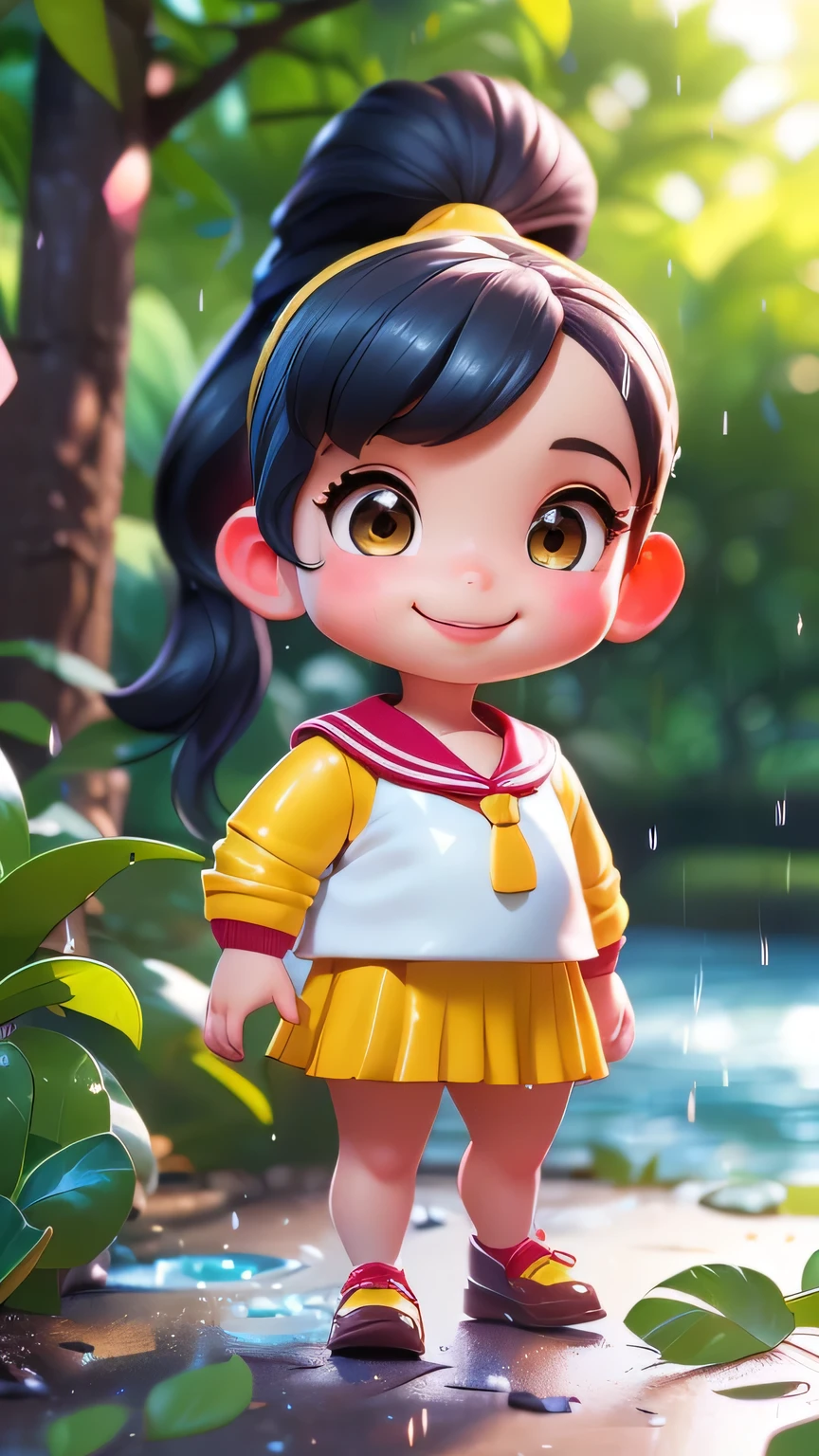 ((Face close-up))),One girl, high school girl、(((リボン付きSailor suit))), Summer clothes、Wet and transparent、((Navy pleated ocks、loafers、ponytail、school bag)、My belly is visible through my clothes、cute, wonderful, Beautiful attention to detail, Iris, Black Hair, In detail, Depth of written boundary, Highly detailed CG, original, Highly detailed wallpaper, View your viewers, Detailed face, Cleavage, (Big Tits, Hard nipples)、Toned Abs, White skin, Realistic、(Cinema Lighting)、Detail emphasis, Beautiful lighting、(((Sailor suit))), Summer clothes、Wet and transparent, ((In the park after the rain))、Summer sunset、Realistic park、masterpiece, 最high quality, high quality, High resolution、 ((smile)), smileで、((Face close-up))), Face close-up