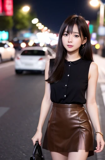 (((best quality))),1 female,slender face,(((arms behind))),(((cool beauty))),Black Hair,Brown Eyes,medium hair,straight hair,small breasts,looking at viewer,bed,25 years old,No pubic hair,Height: 160cm,(full body),blouse,Standing in a busy street at night,mini skirt,Provocative look