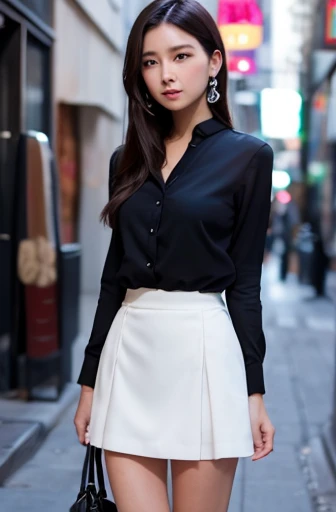 (((best quality))),1 female,slender face,(((arms behind))),(((cool beauty))),Black Hair,Brown Eyes,medium hair,straight hair,small breasts,looking at viewer,bed,25 years old,No pubic hair,Height: 160cm,(full body),blouse,Standing in a busy street at night,mini skirt,Provocative look