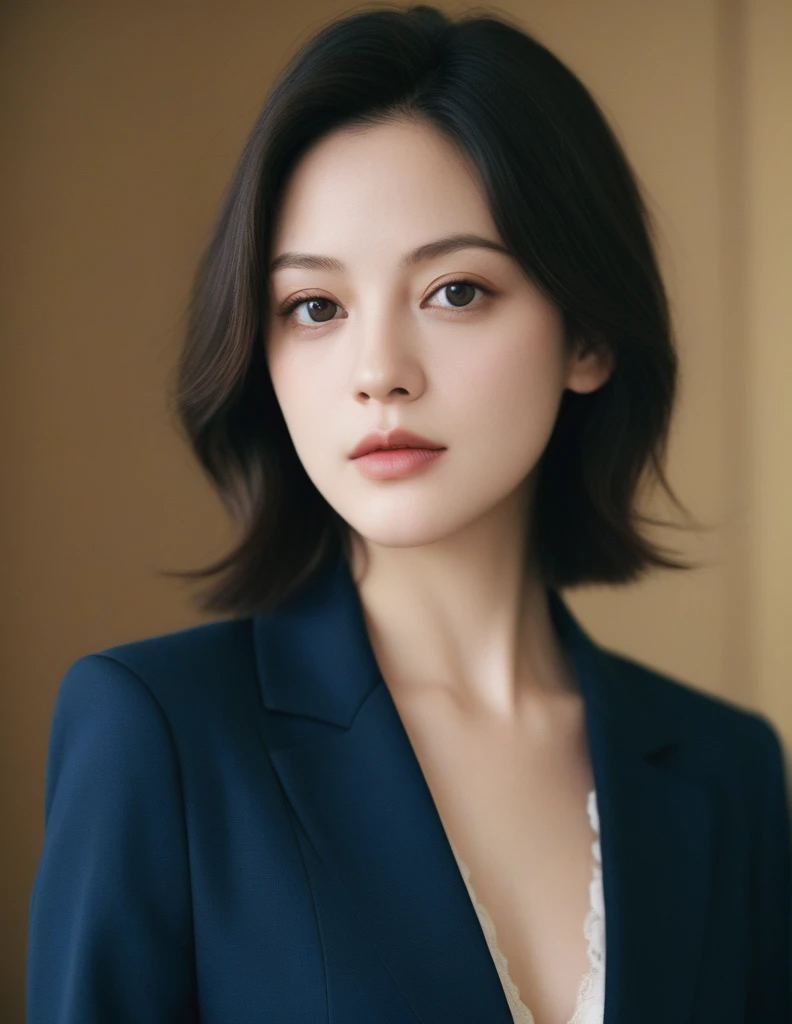 xxmixgirl, quite a bit body of a beautiful cute long and slender face Japanese girl, A gorgeous young cute asian woman in a sexy flight attendant outfit, happy smiling, still from the film, ((young Marion Cotillard face : 1.2)), ((young Anne Hathaway face: 1.0)), from front, realistic portrait photo of a cute 21 years old girl, looks at viewer, wavy nose, full lips, natural skin, skin moles,(cinematic, film grain:1.1), ((asian winged eyes, very long and slender slim face, windy tousled, very long straight black hair)), pretty eyes, gorgeous, sexy, alluring, makeup, perfect face, seductive look, ichinose sayaka, pink hair, green eyes, bare forehead, glasses, long hair, puffy lips, huge breasts, anime hentai style, upper body, blue suit, black suit collar, puffy lips, hand on hip, (Leica SL3, Summicron-SL 75 f/2 ASPH, kodak Ektar 200 film), hands up, bokeh, silhouette, shallowed depth of field, dynamic action pose, hands up,