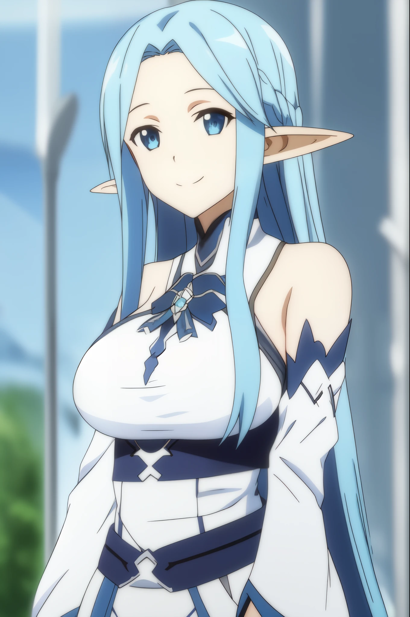 siune, 1girl, solo, long_hair, looking_at_viewer, smile, blue_eyes, big_breast, white_background, dress, holding, bare_shoulders, large_breast, smile, closed_mouth, blue_hair, upper_body, outdoors, detached_sleeves, pointy_ears, white_dress, blurry, depth_of_field, blurry_background