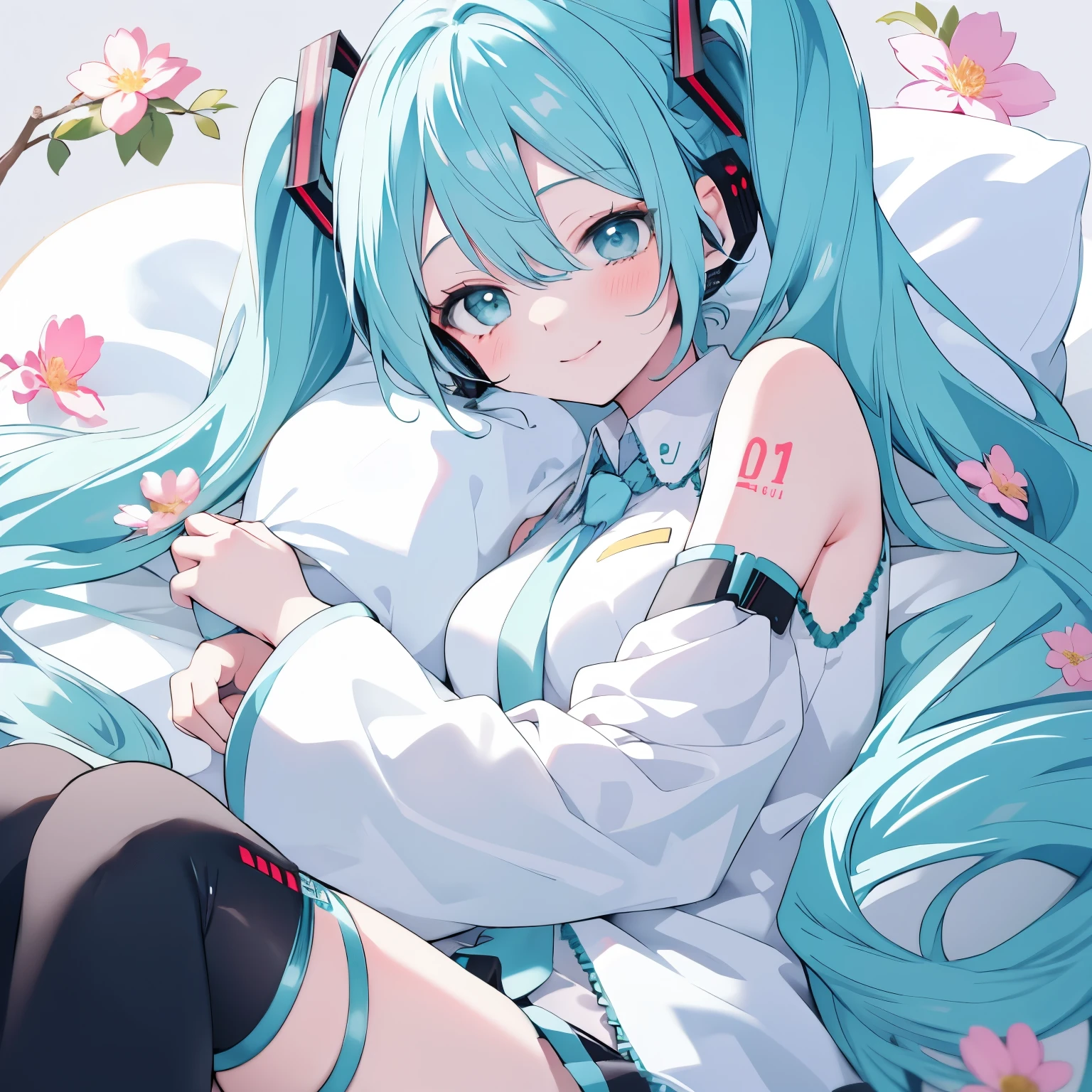 Hatsune miku,Sleeping next to me, smile, blush, stop temporarily, Floral Background