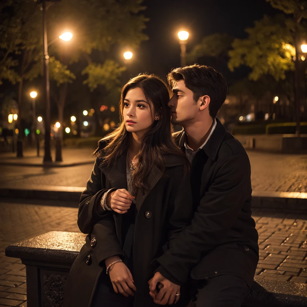 a couple sitting on a bench in a square at night, alone, beautiful detailed eyes, beautiful detailed lips, extremely detailed eyes and face, long eyelashes, romantic atmosphere, warm lighting, moody atmosphere, cinematic lighting, dramatic lighting, muted colors, urban environment, night scene, park bench, cobblestone pavement, moonlit sky, starry night, atmospheric haze, (best quality,4k,8k,highres,masterpiece:1.2),ultra-detailed,(realistic,photorealistic,photo-realistic:1.37)