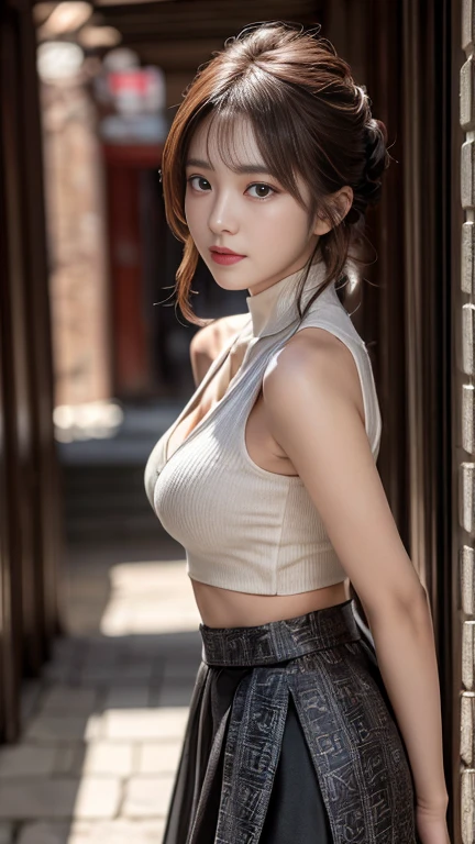 photography of a brightly sangmi nam who is korean actress,masterpiece,photorealistic,analog,realism,korean idol,slim leg, long_brown_hair,1 girl, very bright backlighting, solo, {beautiful and detailed eyes},large breasts, calm expression, natural and soft light,delicate facial features, Blunt bangs, beautiful Korean girl, eye smile,22yo, ((model pose)), Glamor body type,(half red and brown hair), flim grain, realhands, masterpiece, Best Quality, photorealistic, ultra-detailed, finely detailed, high resolution,brown messy hair, perfect dynamic composition, beautiful detailed eyes,Korean girl,((nervous and embarrassed)),sharp-focus, beautymix, FilmGirl,(hair in an updo:1.3),(wearing a black sleeveless high-neck crop top,a black patterned long wrap skirt:1.4),facing reality,shy smile,(You must be standing in an ancient Chinese-style corridor paved with stone tiles:1.5),(cowboy shot:1.5),sexy pose