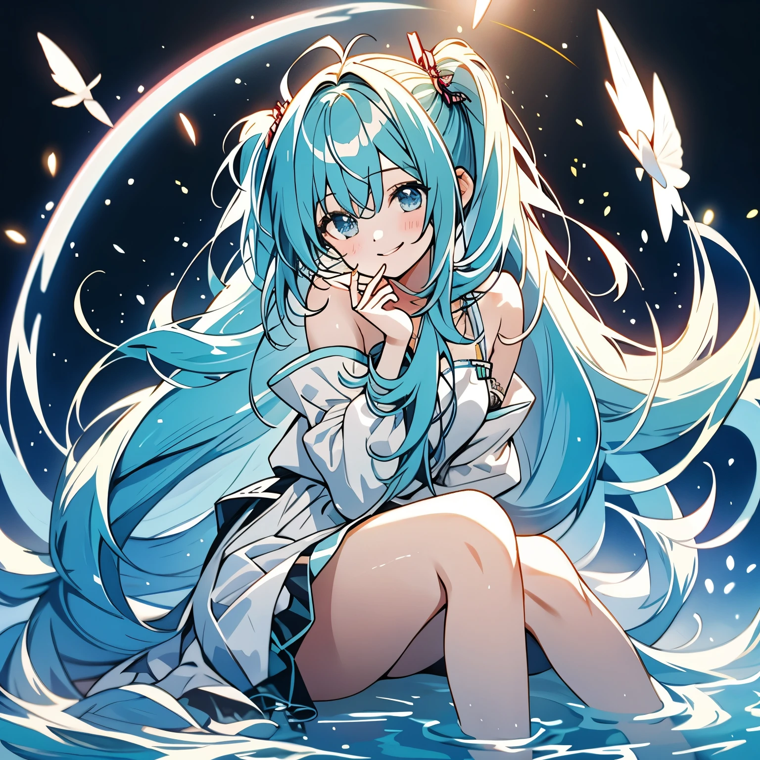 hatsune miku、smile、Sitting、Open your mouth、Particles of light、Observe the audience、Look at this
