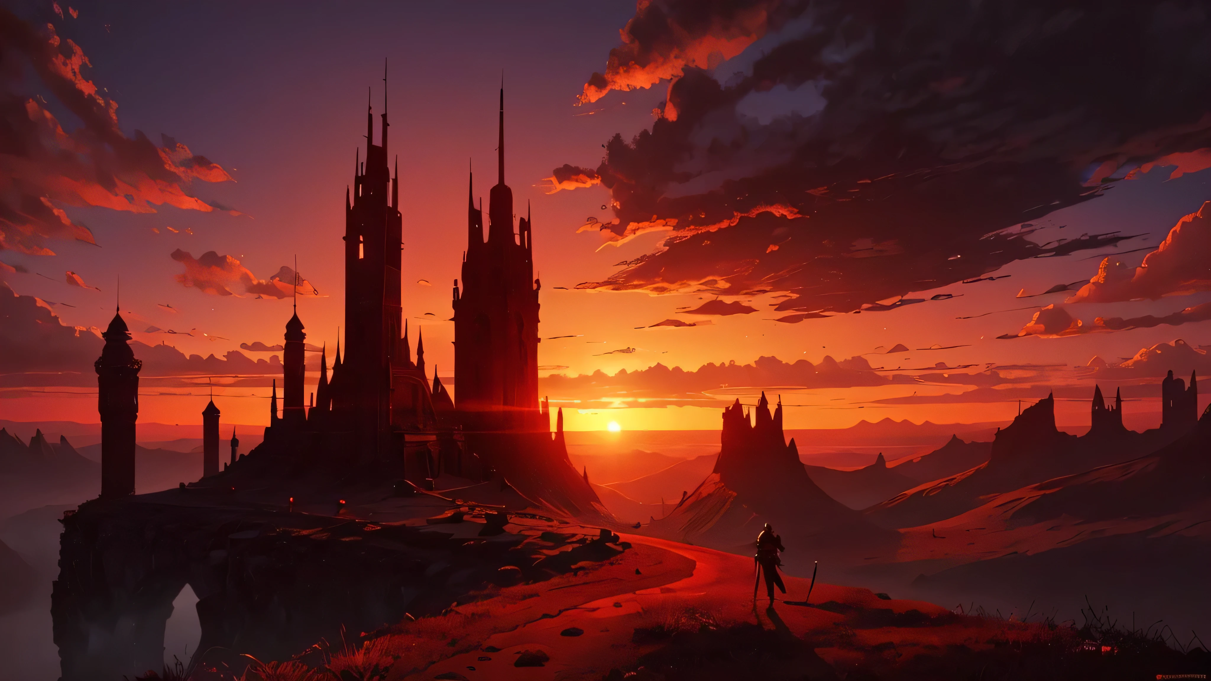 a crimson red sunset (digital art, fantasy art, RPG art)