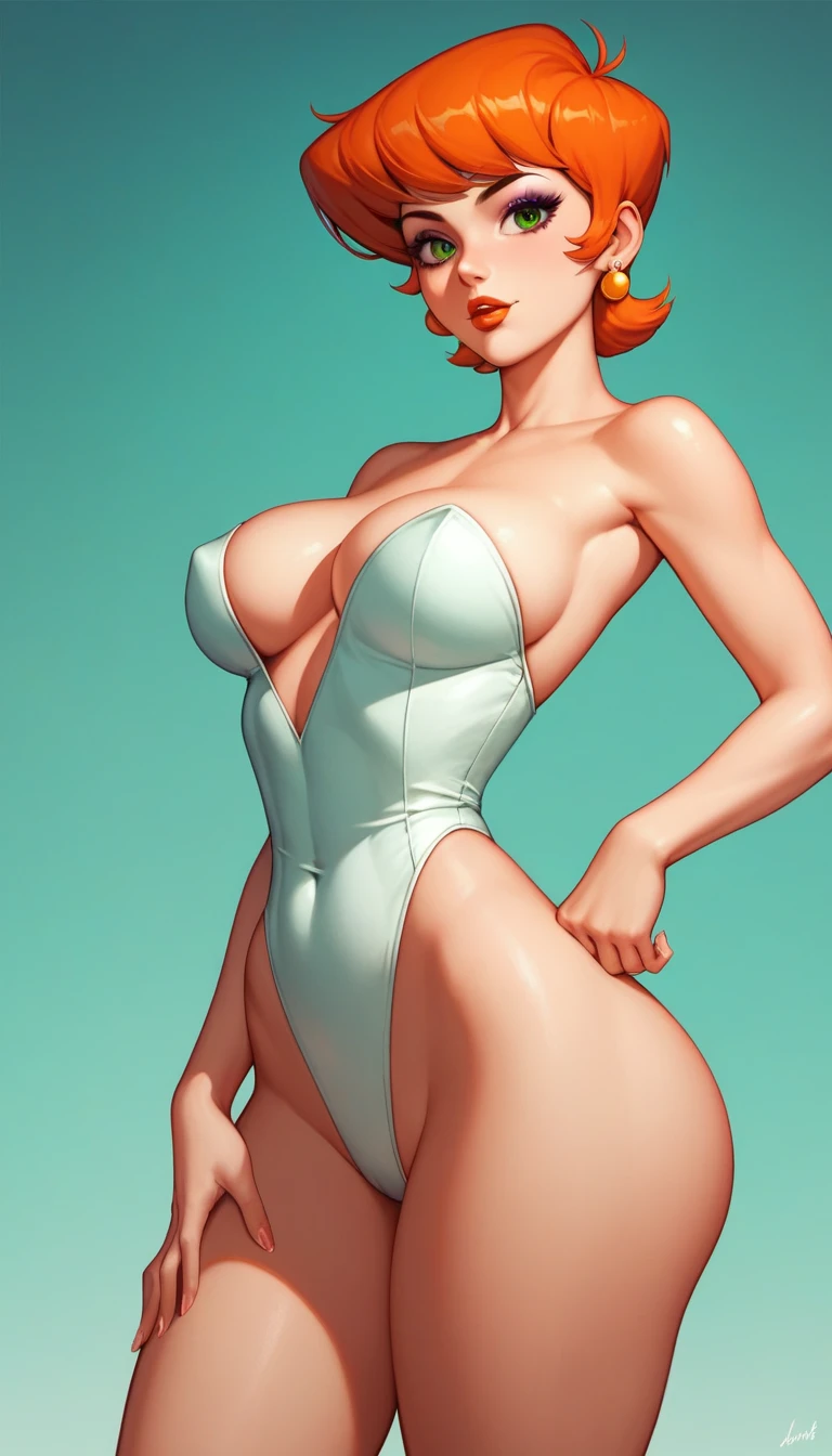 A beautiful girl with short orange hair, greeneyes, and earrings, wearing makeup and lipstick, and white leotard in curvy cartoon style, highy detailed, work of art, cowboy shot,Dexter's mother, beachfront, intrikate,Waist slender,Hands on waist, naked, witheout panties, with her pussy on camera (naked)