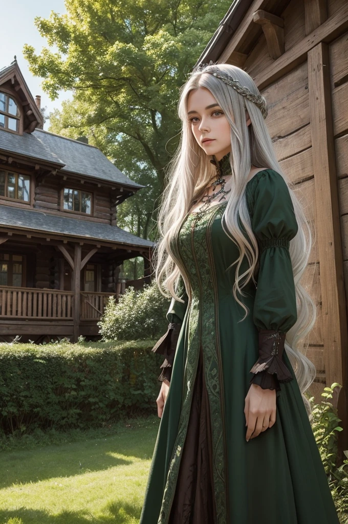 A woman with long silver hair and a medieval hairstyle, honey brown eyes,wearing a long dark green Victorian dress with a forest and a medieval wooden house in the background 