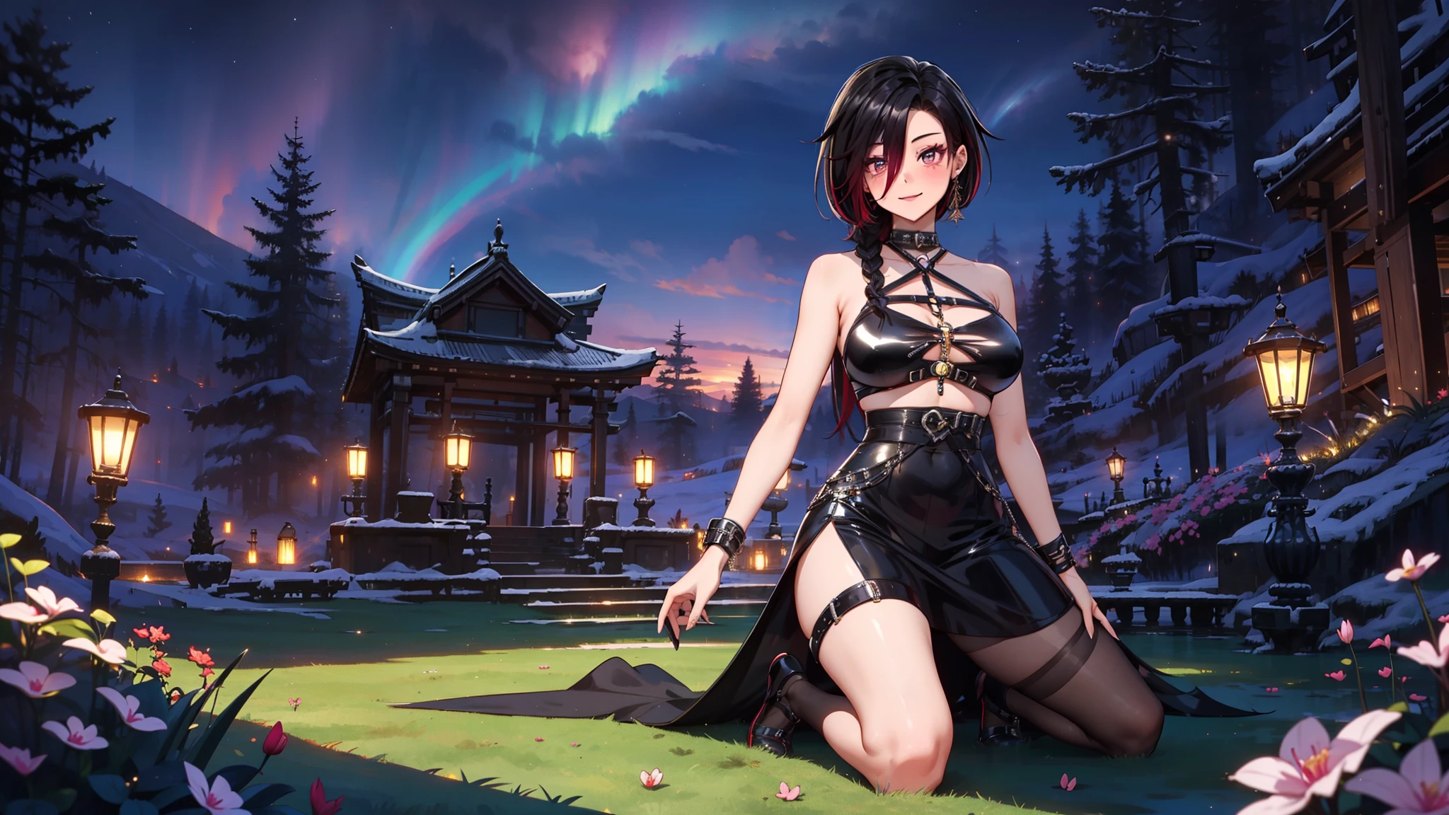 solo , solo girl, 1 girl, perfect anatomy, maximum sharpness, high definition, UHD, beautiful, marika, queen marika, black dress, low neckline, long braid, hair braid, cyclamen hair, cyclamen eyes, detailed eyes, beautiful eyes, chest, one piece dress, sexy, sensual, no natural light, night, night, dark night, seductive, smiling, moss, glowing flowers, kneeling in the grass, magnolia tree, red magnolia tree, ruins,
equinox,Magnólia, swallow,Traditional Chinese architecture,A woman in Hanfu standing next to a flower,Characters and Landscapes
