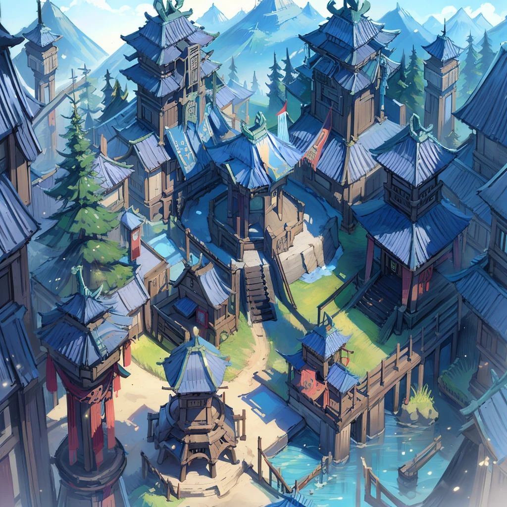 Immortal world, sky realm, blue and white tones, science fiction style, ancient Chinese architecture, macroscopic, shocking, bright colors, villages