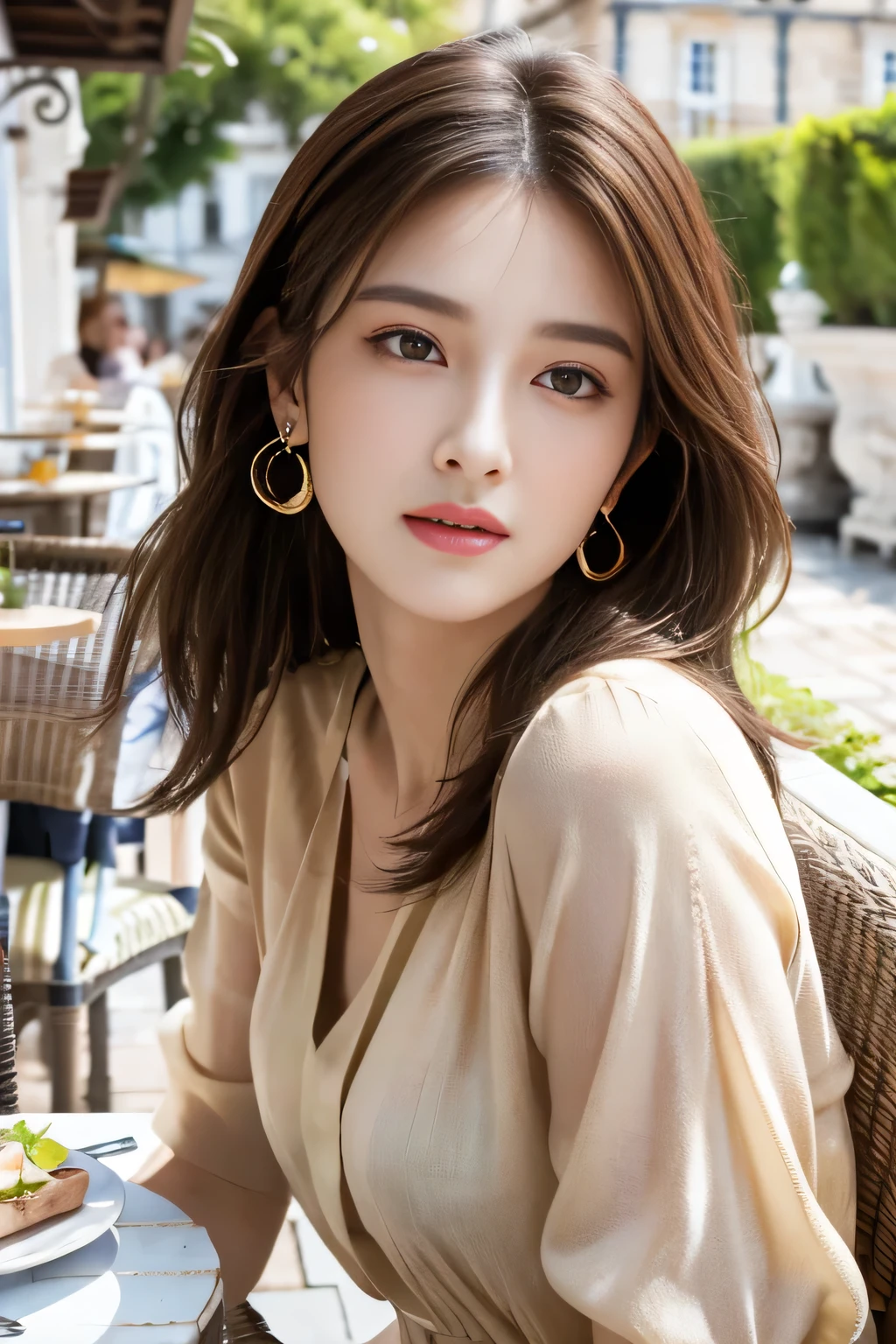 masterpiece, Highest quality, Realistic, Very detailed, Finer details, High resolution, 8k wallpaper, One beautiful woman,Wear a nice blouse, On the terrace of a lovely cafe, at noon, Light brown messy hair, Perfect dynamic composition, Beautiful and beautiful eyes、Big earrings、