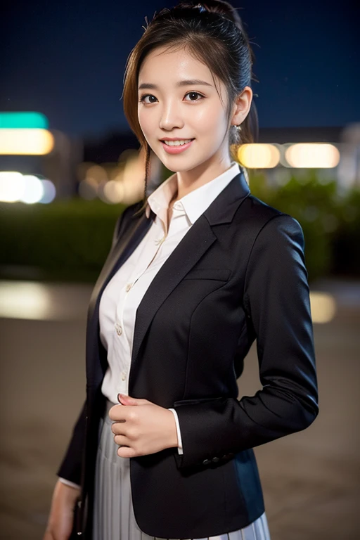 (a gorgeous lady, age 20s, Formal Skirt Suit with Blouse, posing naturally under night sky, dimpled smile, short ponytail, cute snaggleteeth, ample round bosom, perfect body anatomy, photorealistic, beautiful detailed eyes, hyper-realism, high contrast, ultra HD, realistic skin textures, top image quality, top-quality, super high resolution, fine details, very meticulously, high angle shot, medium shot, cowboy shot, bokeh background, SFW)