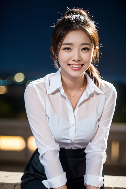 (a gorgeous lady, age 20s, Formal Skirt Suit with Blouse, posing naturally under night sky, dimpled smile, short ponytail, cute snaggleteeth, ample round bosom, perfect body anatomy, photorealistic, beautiful detailed eyes, hyper-realism, high contrast, ultra HD, realistic skin textures, top image quality, top-quality, super high resolution, fine details, very meticulously, high angle shot, medium shot, cowboy shot, bokeh background, SFW)