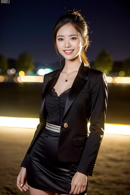 (a gorgeous lady, age 20s, Formal Skirt Suit with Blouse, posing naturally under night sky, dimpled smile, short ponytail, cute snaggleteeth, ample round bosom, perfect ????????????, photorealistic, beautiful detailed eyes, hyper-realism, high contrast, ultra HD, realistic skin textures, top image quality, top-quality, super high resolution, fine details, very meticulously, high angle shot, medium shot, cowboy shot, bokeh background, SFW)