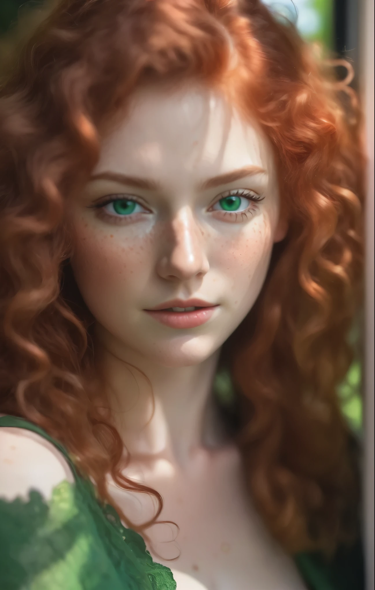 A superb photo of a Beautiful woman with curly red hair and green eyes, dans la jeune vingtaine, natural light, freckled, hyperdetailed face, ultra haute résolution, Photorealistic; True-to-life picture, natural skin, 8k,HDR, best quality, emerald green eyes, shadows real, Photorealistic, textured skin, detailed skin pores, peau real, natural shade
 