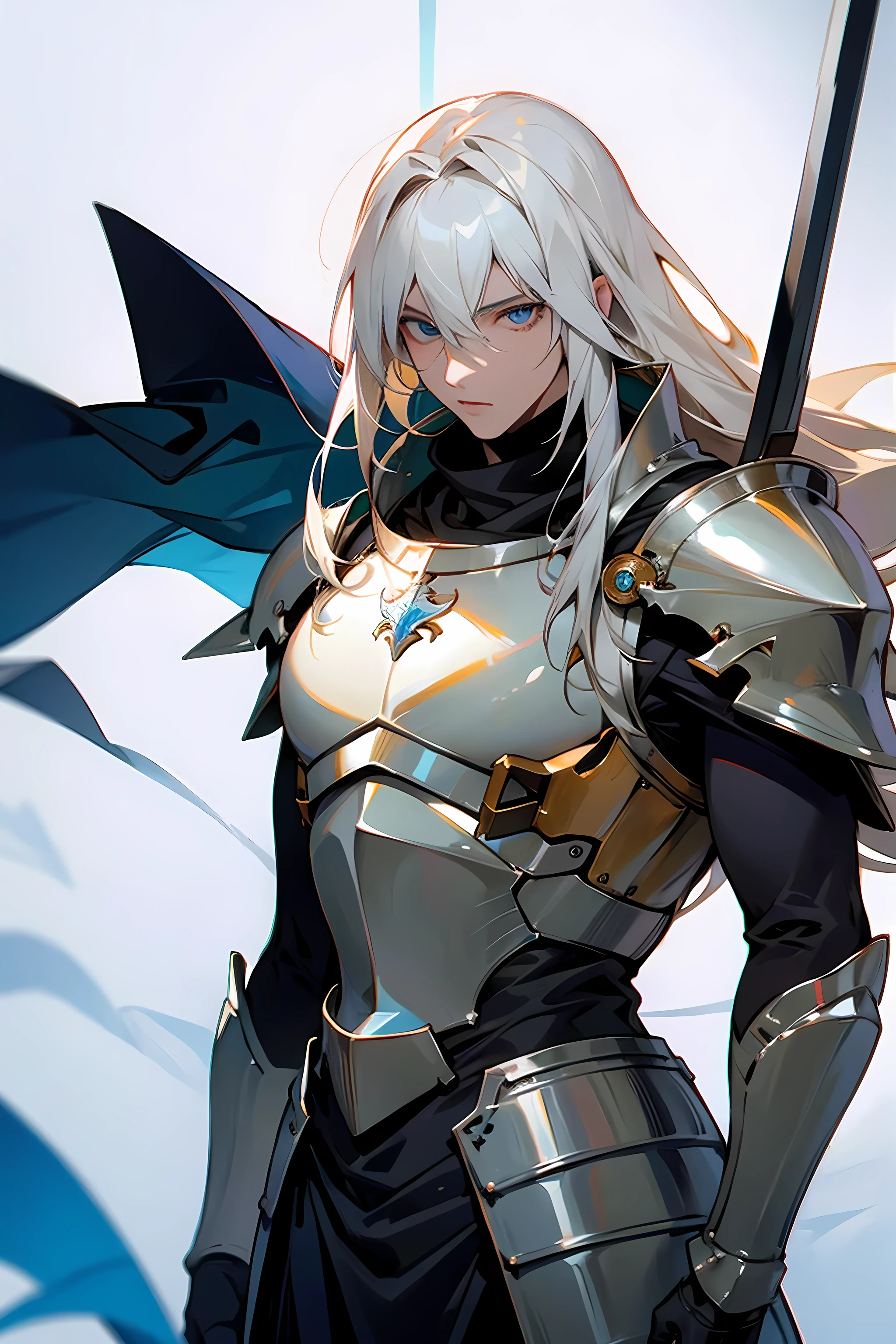Knight Angel, man, muscular, firm and shiny skin, neutral person, white crusader armor, brilliant straight beautiful platinum blonde, super long straight silky hair, Eyeliner, yellow shoulder pads, sword on belt, large beautiful bright blue eyes high definition, handsome and sweet guy, Best quality, high detail, masterpiece