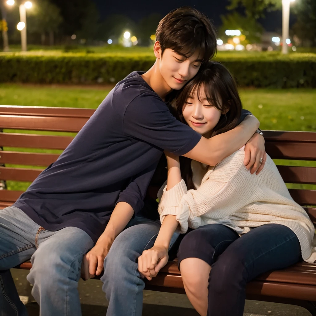 Couple sitting on a park bench at night, hugging
