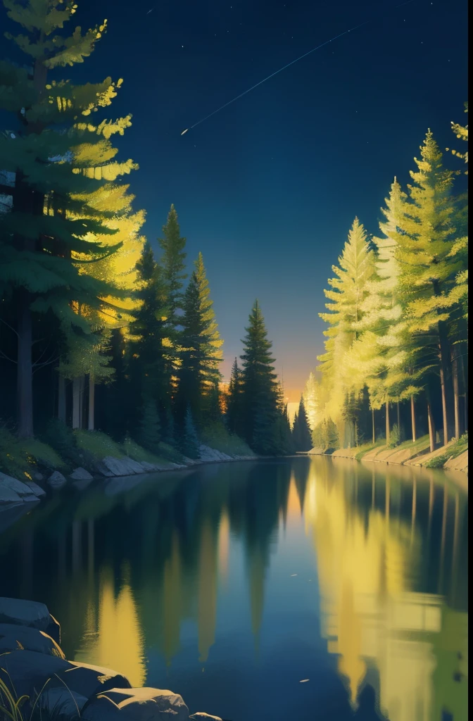 forest,night中,night,river,Cowboy Shot,Surrounded by forests,