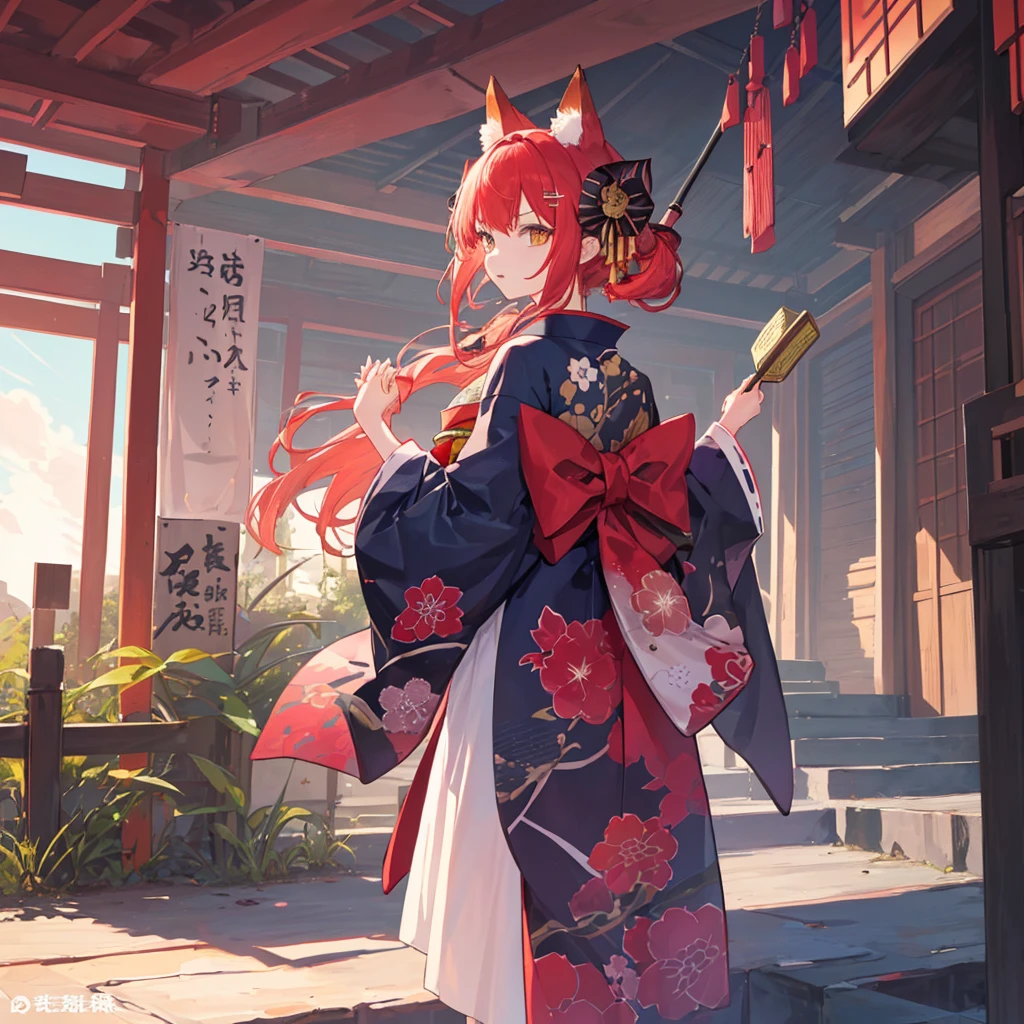 (One fox girl and one demon boy are standing Back to back),((A red-haired demon boy with demon horns wearing Japanese armor and holding a metal club standing in front on the left 1.4))、Demon horn boy 1.3、((A girl standing to the right in the back is wearing a kimono with simple patterns, fox ears and fox-colored hair, and is holding her palms out with the bases of her thumbs together..4))、shrine、Back to back 1.4、