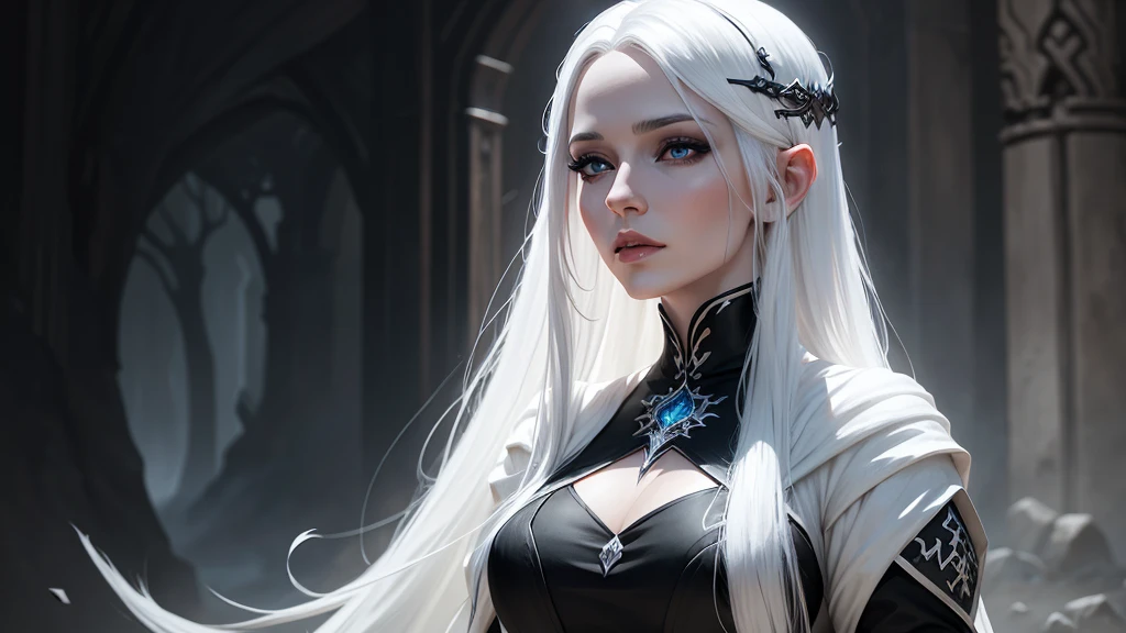 a woman with white skin and white hair, wearing a long black dress (digital art, fantasy art, RPG art)