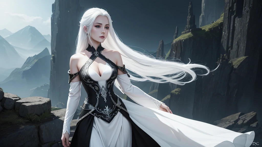 a woman with white skin and white hair, wearing a long black dress (digital art, fantasy art, RPG art)