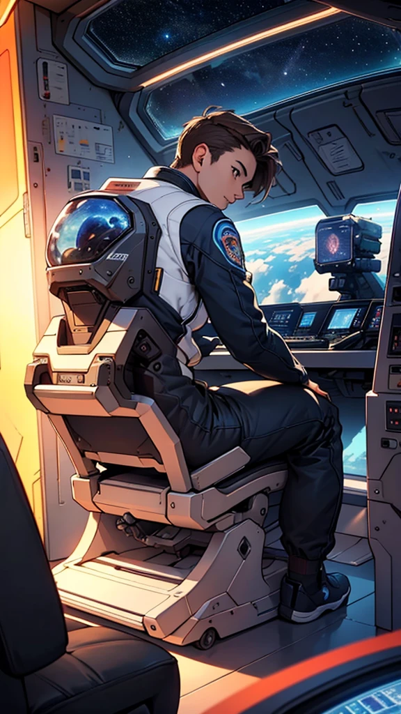 1girl and 1boy brown hair (2 people), sitting together, Inside a spaceship, in front of the Control Panel. In the background a view with large meteorites, Maximum quality、animated landscape、Xin Haichen、building、camp,(zoom out:1.1)ALLOWED、de la Maximum quality、masterpiece、cloud、showy, cielo lleno de rocas masterpiece, Best Quality, detailed space suits, sitting looking forward, looking at meteorites sitting, rear angle, view from behind