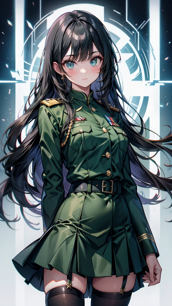 Adult female　long hair　bangs　Hime cut　Black Hair　expensive　face　Dark green German military uniform　Tight Skirt　slit　spats　Hold the sword at your waist　battlefield