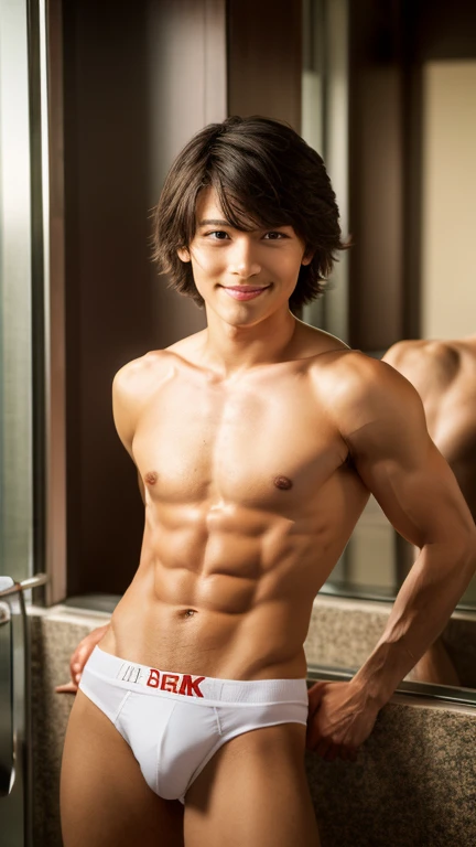a young japanese boy, , muscular and smooth skin, very short black hair, relaxed and friendly smile, wearing thin orange boxer briefs, full body shot from toe to head, posing in a bathroom, (best quality,4k,8k,highres,masterpiece:1.2),ultra-detailed,(realistic,photorealistic,photo-realistic:1.37),highly detailed face, detailed eyes, nose and lips, detailed muscles, glowing skin, soft lighting, warm color tone, cinematic composition