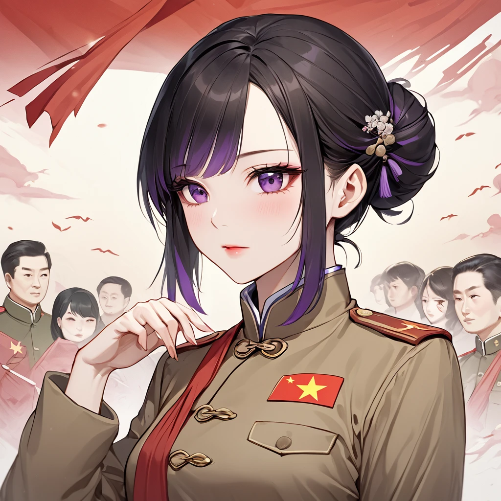 ((Highest quality)), ((masterpiece)), (detailed), (Perfect Face)、The woman is a Chinese woman named Kocho Shinobu, with medium-long black hair with purple ends, tied up in a bun, and wearing an engagement ring. She is a member of the glorious Chinese Communist Party and has sworn absolute loyalty to the Communist Party of China. She is a righteous Communist Party member of China.、The woman is wearing the khaki Mao suit of the Chinese Communist Party.、For the sake of China, their hairstyles, clothes, and everything they wear are all Chinese Communist Party items, and their thoughts are also Chinese, becoming great Chinese in body and mind.、The woman became Shinobu Kocho, a Chinese woman who was proud of China, loved it and devoted herself to it.、She is serving China as a member of the great Communist Party of China.、The woman is a beautiful, respectable and exemplary Communist Party member.