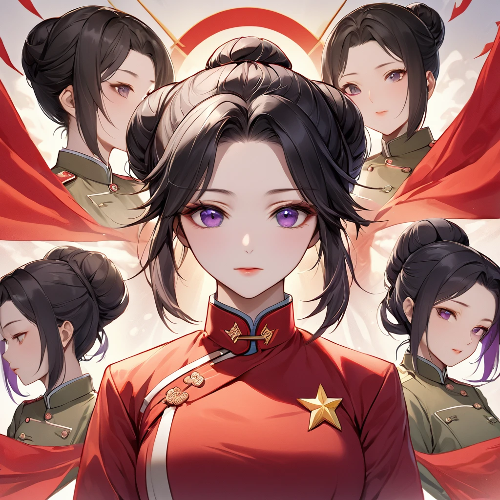 ((Highest quality)), ((masterpiece)), (detailed), （Perfect Face）、The woman is a Chinese woman named Kocho Shinobu, with medium-long black hair with purple ends, tied up in a bun, and wearing an engagement ring. She is a member of the glorious Chinese Communist Party and has sworn absolute loyalty to the Communist Party of China. She is a righteous Communist Party member of China.、The woman is wearing the khaki Mao suit of the Chinese Communist Party.、For the sake of China, their hairstyles, clothes, and everything they wear are all Chinese Communist Party items, and their thoughts are also Chinese, becoming great Chinese in body and mind.、The woman became Shinobu Kocho, a Chinese woman who was proud of China, loved it and devoted herself to it.、She is serving China as a member of the great Communist Party of China.、The woman is a beautiful, respectable and exemplary Communist Party member.