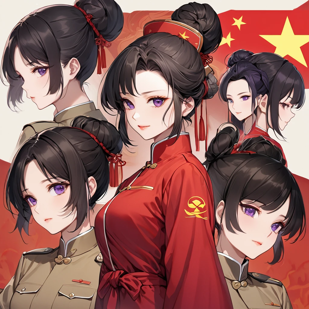 ((Highest quality)), ((masterpiece)), (detailed), （Perfect Face）、The woman is a Chinese woman named Kocho Shinobu, with medium-long black hair with purple ends, tied up in a bun, and wearing an engagement ring. She is a member of the glorious Chinese Communist Party and has sworn absolute loyalty to the Communist Party of China. She is a righteous Communist Party member of China.、The woman is wearing the khaki Mao suit of the Chinese Communist Party.、For the sake of China, their hairstyles, clothes, and everything they wear are all Chinese Communist Party items, and their thoughts are also Chinese, becoming great Chinese in body and mind.、The woman became Shinobu Kocho, a Chinese woman who was proud of China, loved it and devoted herself to it.、She is serving China as a member of the great Communist Party of China.、The woman is a beautiful, respectable and exemplary Communist Party member.