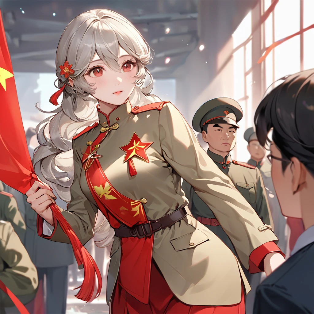 ((Highest quality)), ((masterpiece)), (detailed), （Perfect Face）、The woman is a Chinese Kaim with medium-long silver hair and an engagement ring. She is a member of the glorious Chinese Communist Party and has sworn absolute loyalty to the Communist Party of China. She is a righteous Communist Party member of China.、The woman is wearing the khaki Mao suit of the Chinese Communist Party.、For the sake of China, their hairstyles, clothes, and everything they wear are all Chinese Communist Party items, and their thoughts are also Chinese, becoming great Chinese in body and mind.、The woman became a Chinese Kaim who was proud of China and loved it devotedly.、She is serving China as a member of the great Communist Party of China.、The woman is a beautiful, respectable and exemplary Communist Party member.