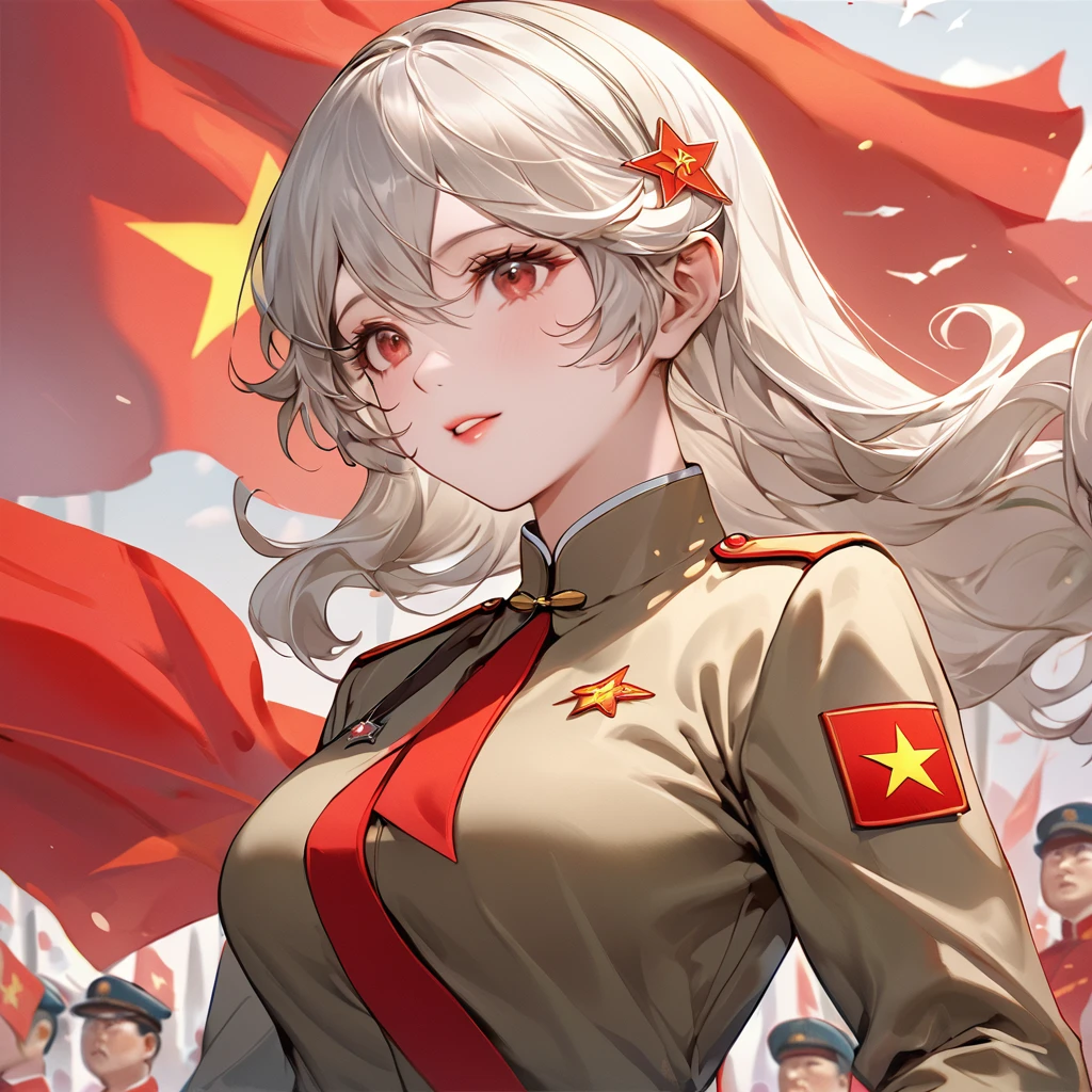 ((Highest quality)), ((masterpiece)), (detailed), （Perfect Face）、The woman is a Chinese Kaim with medium-long silver hair and an engagement ring. She is a member of the glorious Chinese Communist Party and has sworn absolute loyalty to the Communist Party of China. She is a righteous Communist Party member of China.、The woman is wearing the khaki Mao suit of the Chinese Communist Party.、For the sake of China, their hairstyles, clothes, and everything they wear are all Chinese Communist Party items, and their thoughts are also Chinese, becoming great Chinese in body and mind.、The woman became a Chinese Kaim who was proud of China and loved it devotedly.、She is serving China as a member of the great Communist Party of China.、The woman is a beautiful, respectable and exemplary Communist Party member.